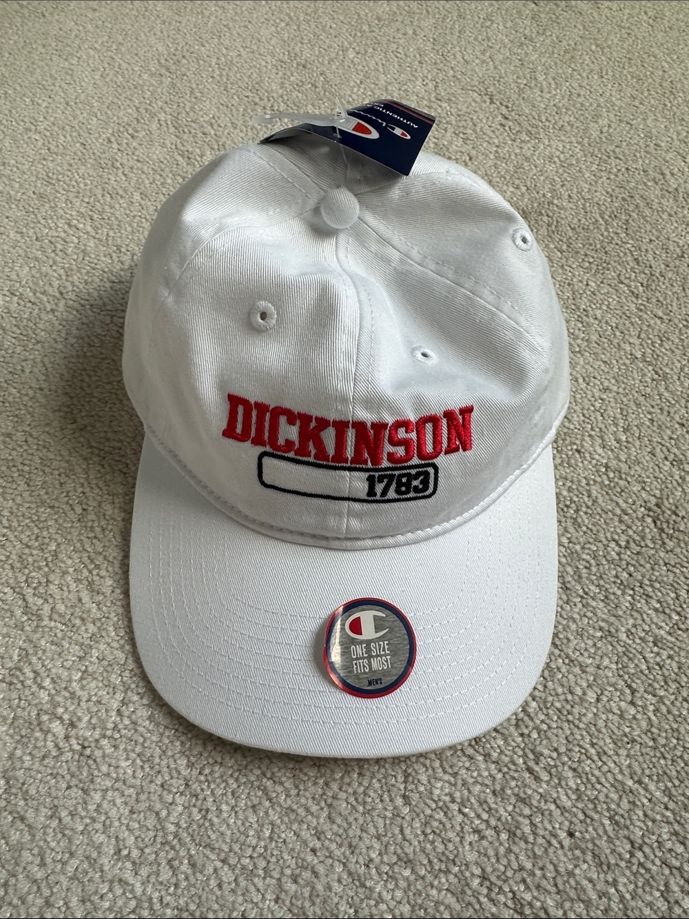 Champion Kids White Baseball Cap with Red 'DICKINSON' Embroidery